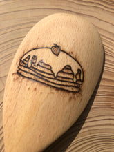 Load image into Gallery viewer, Decorative beech wooden spoon with pyrography detail of a stack of pancakes
