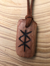 Load image into Gallery viewer, Protection Bind Rune hand carved amulet pendant necklace. Handmade from hardwood with detail added using pyrography.
