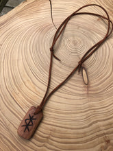 Load image into Gallery viewer, Protection Bind Rune hand carved amulet pendant necklace. Handmade from hardwood with detail added using pyrography.
