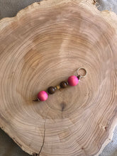 Load image into Gallery viewer, Keyring with pink and brown Wooden Beads and Faux Suede Cord - Chic Split Ring Accessory, Perfect Gift
