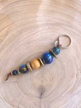 Load image into Gallery viewer, Keyring with blue and gold Wooden Beads and Faux Suede Cord - Chic Split Ring Accessory, Perfect Gift
