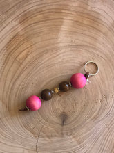 Load image into Gallery viewer, Keyring with pink and brown Wooden Beads and Faux Suede Cord - Chic Split Ring Accessory, Perfect Gift
