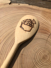 Load image into Gallery viewer, Decorative beech wooden spoon with pyrography detail of a yummy iced cupcake with wafer.
