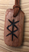 Load image into Gallery viewer, Protection Bind Rune hand carved amulet pendant necklace. Handmade from hardwood with detail added using pyrography.
