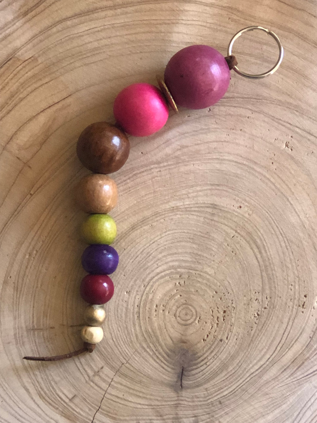 Keyring with mixed colour Wooden Beads and Faux Suede Cord - Chic Split Ring Accessory, Perfect Gift