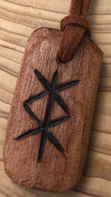 Load image into Gallery viewer, Protection Bind Rune hand carved amulet pendant necklace. Handmade from hardwood with detail added using pyrography.
