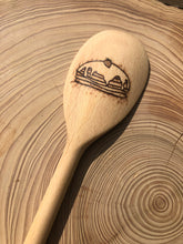 Load image into Gallery viewer, Decorative beech wooden spoon with pyrography detail of a stack of pancakes
