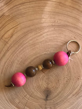 Load image into Gallery viewer, Keyring with pink and brown Wooden Beads and Faux Suede Cord - Chic Split Ring Accessory, Perfect Gift
