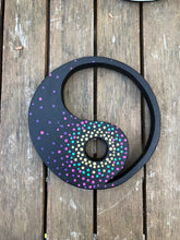 Load image into Gallery viewer, Hand painted Yin yang suncatcher. Made from plywood, decorated with acrylic paint with crystal on faux suede cord.
