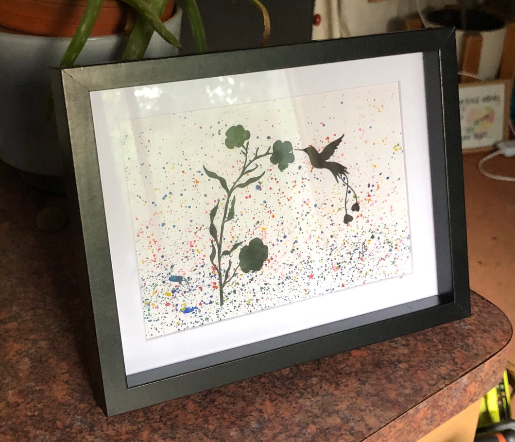 Original framed flowers with hummingbird art