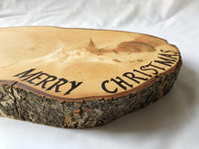 Load image into Gallery viewer, Christmas cake stand solid Ash, with Merry Christmas pyrographed detail.
