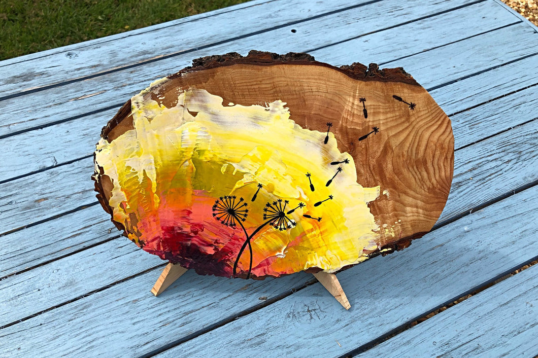Original Dandelion acrylic painting on live edge ash wood slice with stand.